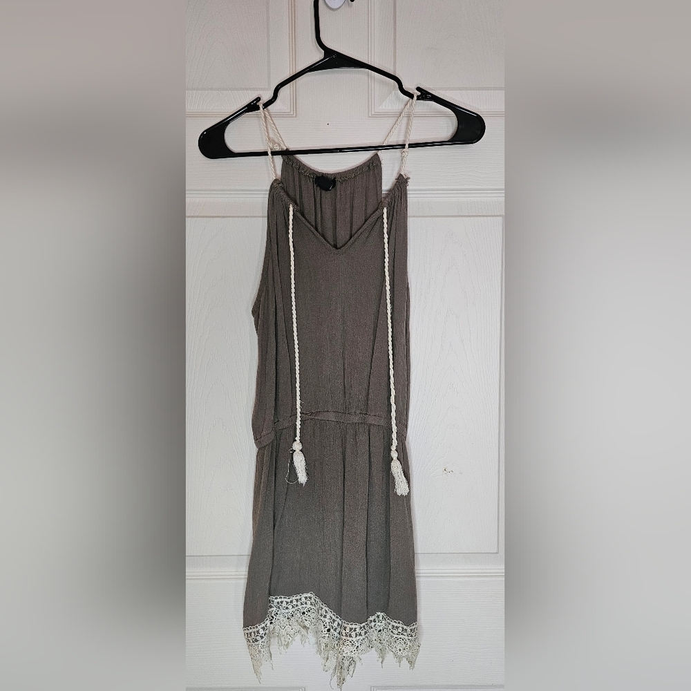 Toxik Olive Green Sleeveless Romper V-Neck Tassel Tie Lace Trim - Size Medium